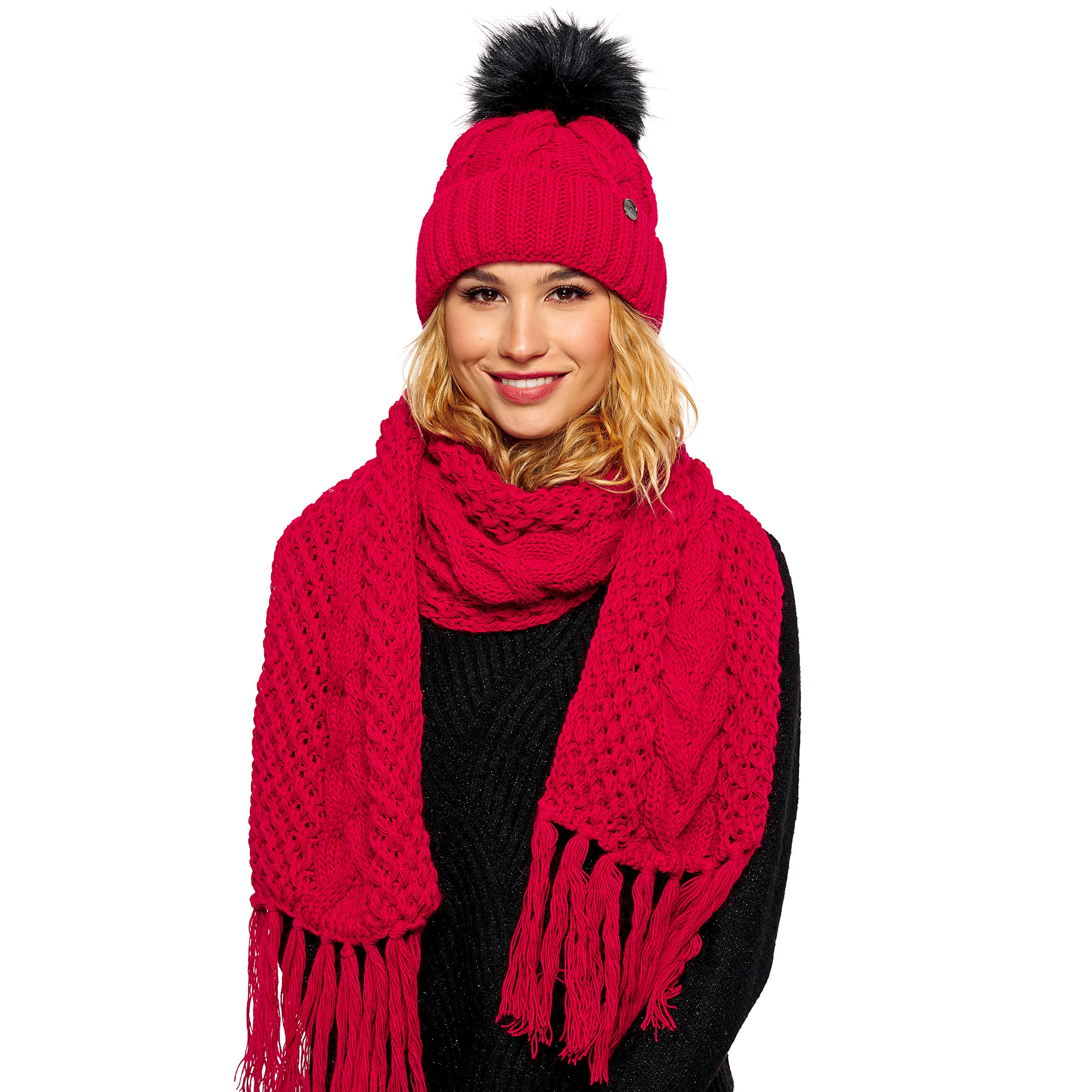 ELIMELI® Bonnet d'hiver pour femme avec pompon en fourrure polaire doublée – Bonnet chaud pour femme – Bonnet d'hiver avec pompon en fausse fourrure – Bonnet en tricot Slouch fabriqué en UE