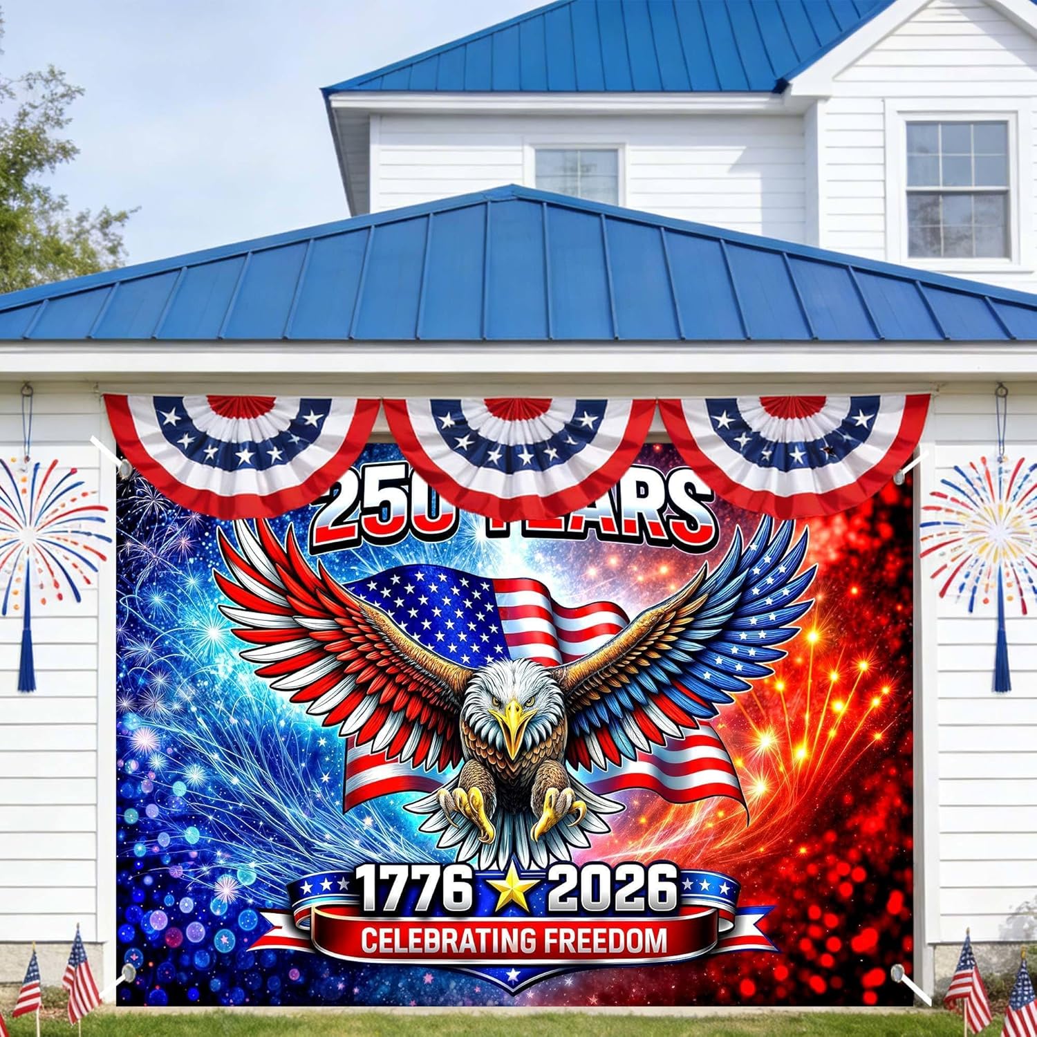 American 250th Birthday Garage Door Cover Decoration, 4th of July Eagle Photograph Backdrop America 1776-2026 USA Banner 250th Anniversary Garage Door for Independence Day Patriotic Decor 16X7FT