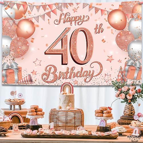 Miniatura 9 de KatchOn, Pancarta de cumpleaños número 40 de oro rosa, extragrande, 72 x 44 pulgadas, telón de fondo de cumpleaños 40, pancarta de feliz cumpleaños