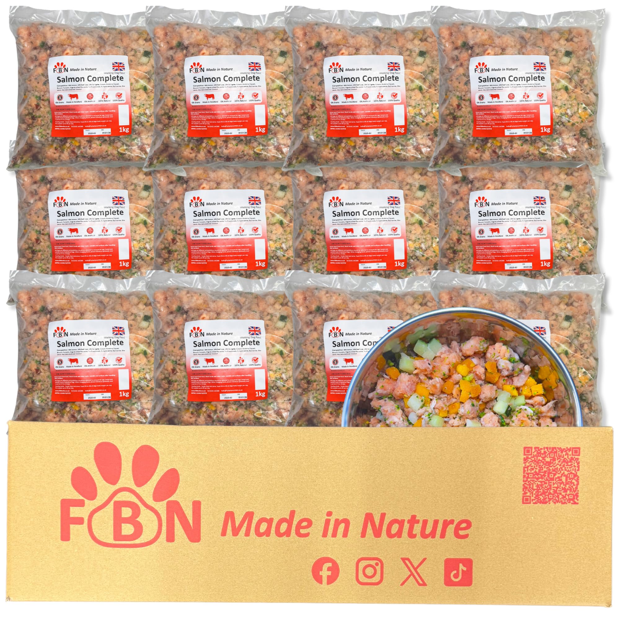 Raw Dog Food Salmon Complete 12kg Box – BARF Premium British Meat Frozen Dog Food 1kg Bags Premium Meat Recipe – Complete Dog Food with Vegetables & Botanicals for Working Dogs