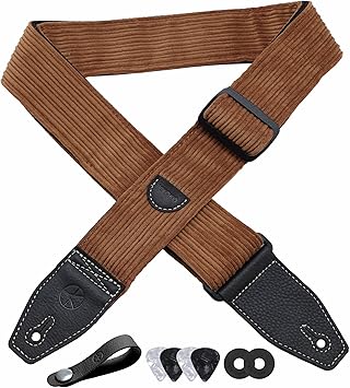 Guitar Strap 2 inch Corduroy Guitar Straps with Full Grain Leather End, for Bass Electric and Acoustic Guitars, Free Strap Button, 2 Strap Locks and 4 Guitar Picks