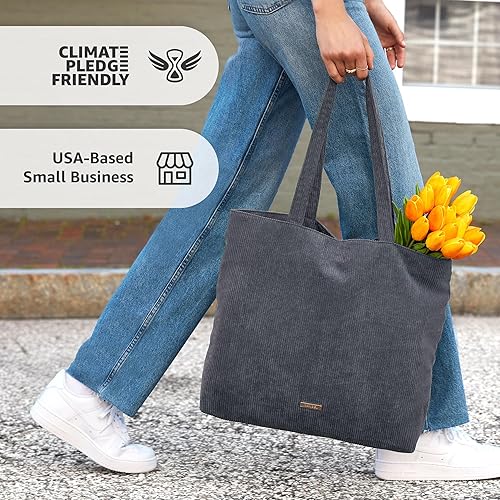 Vista 3 de VANDEL Bolso tote de pana para mujeres y hombres con cremallera y bolsillos interiores. Bolso tote con cremallera, bonita bolsa estética