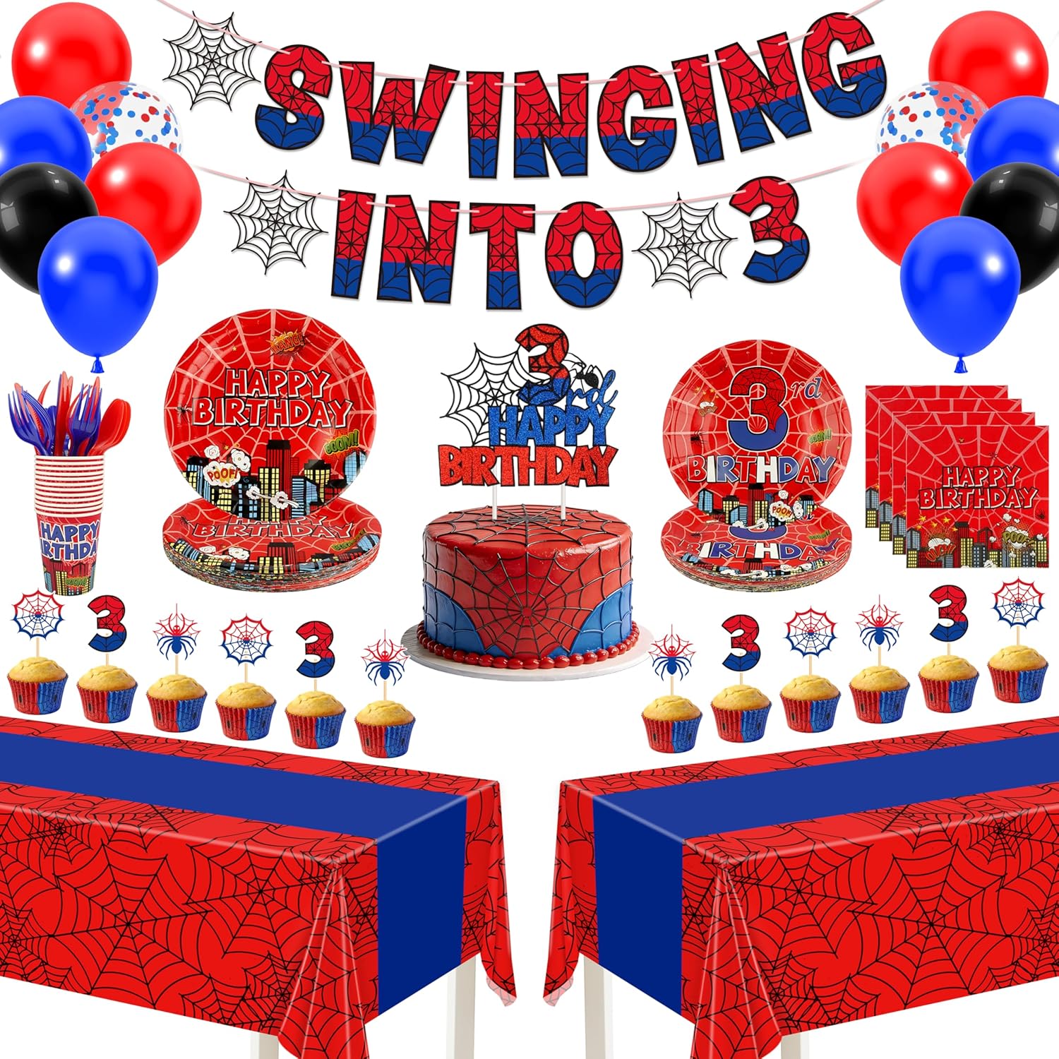 FRIENDISU Spider 3rd Birthday Decorations for Boys, 204 Pcs Super Hero Party Supplies Serves 24, Swinging Into 3 Birthday Banner, Red and Blue Web Hero Plates Napkins Cups Tablecloth Cake Toppers Set