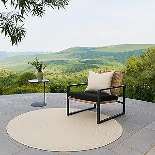 Teppich-Traum Teppich Outdoorteppich klein runder Balkon Terrasse Wintergarten wetterfest Indoor Jute Look Linienmuster in Kreisform Creme, 80 cm Rund