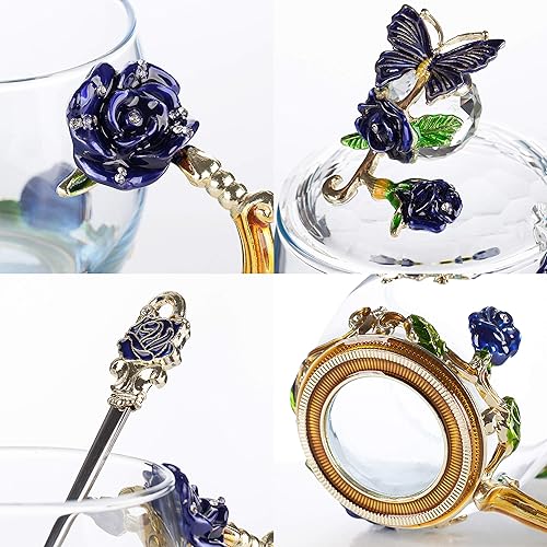 Miniatura 7 de BTaT- Juego de tazas de té de vidrio floral con tapas y cuchara, paquete de 2, 11 onzas, azul y rojo, diseño de flores con caja de regalo, tazas de