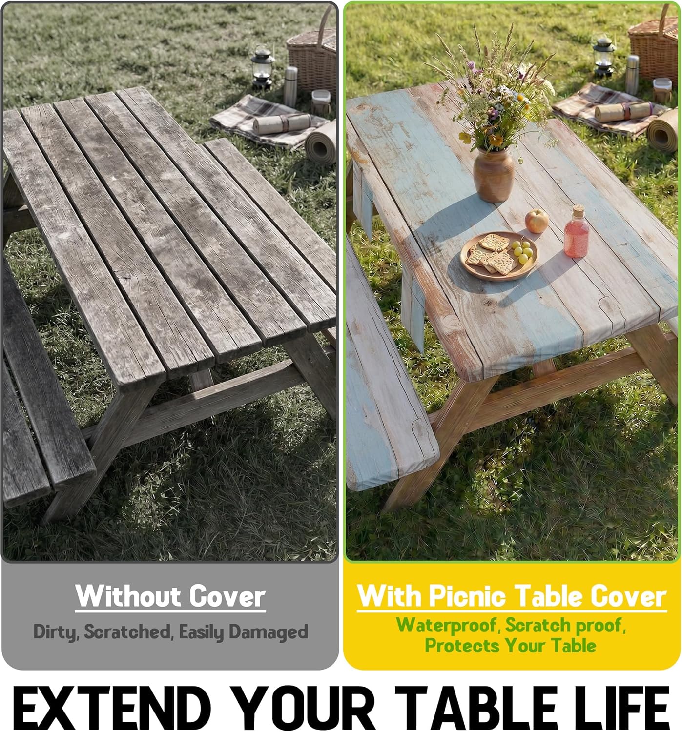 Picnic Table Cover with Bench Covers Waterproof Elastic Tablecloth Camping Essentials Gear Table Cloth Outdoor Glamping Cool Camping Gifts for Camper RV Owner Camping Lovers Family Couple Women Men