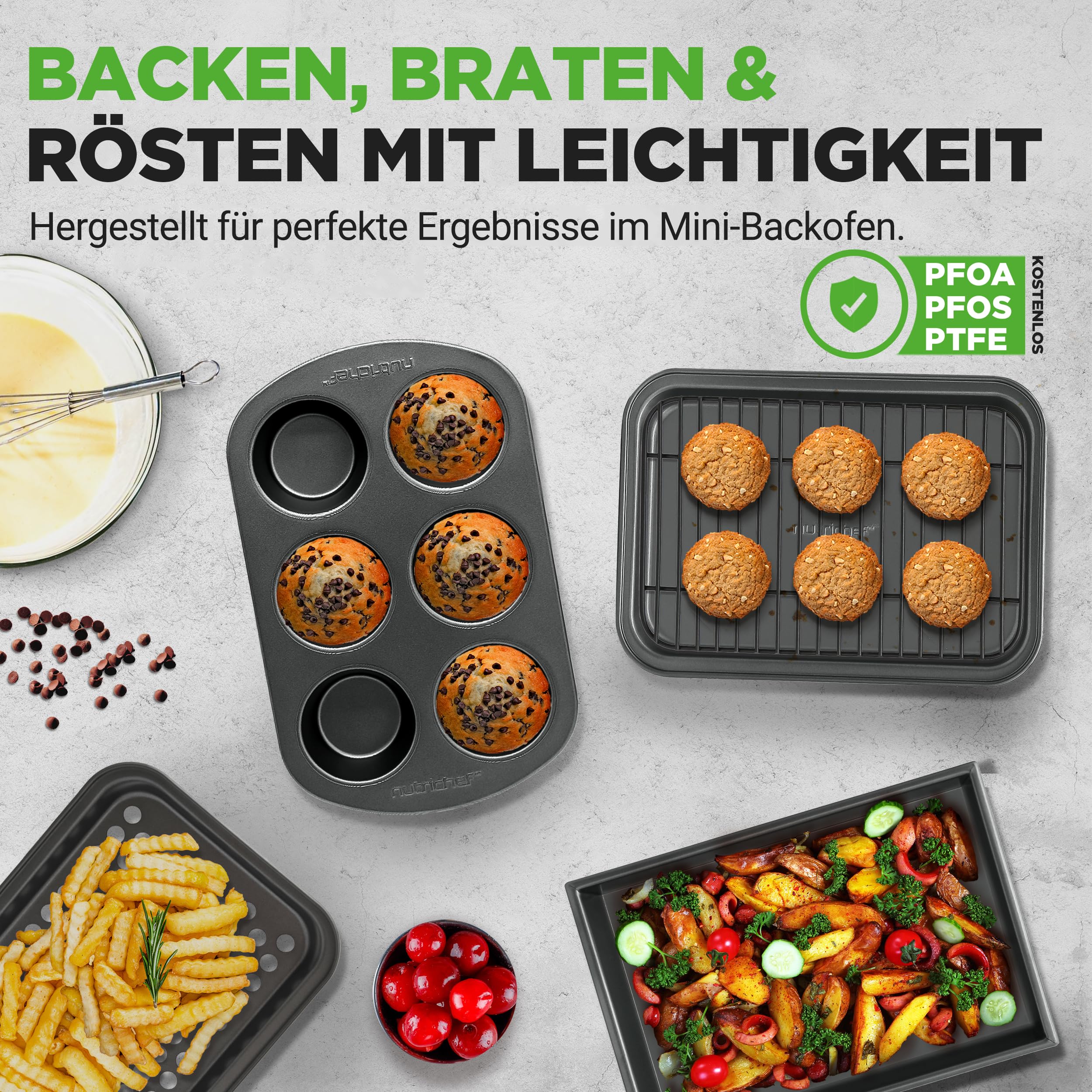 NutriChef Backform Set – 6-teiliges Antihaft Backblech und Muffinblech aus Karbonstahl, stapelbar und spülmaschinenfest, für Kuchen, Muffins und Brot, platzsparend für Toasterofen und kleine Küchen