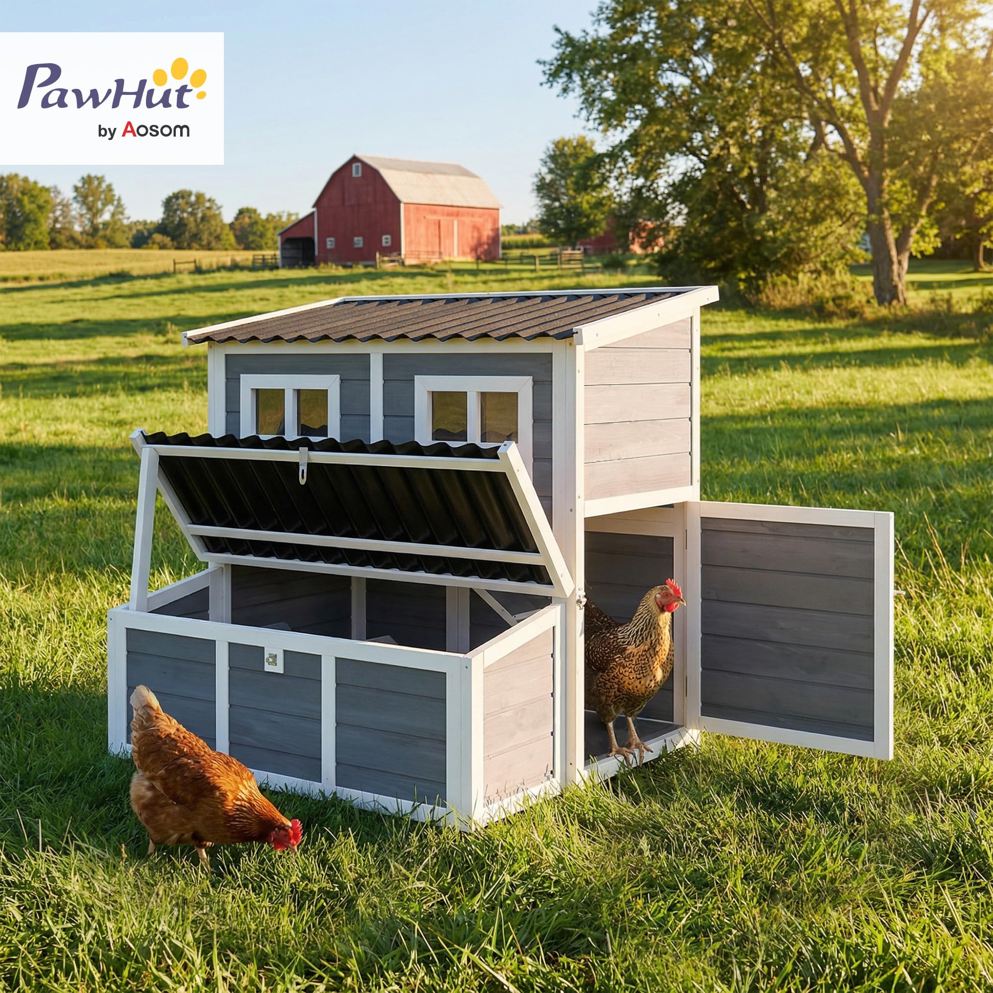 Gallinero PawHut de Madera de Abeto, gallinero con Nido, gallinero para 4-6 gallinas, tejado Impermeable, 100 x 86 x 100 cm, Gris Claro