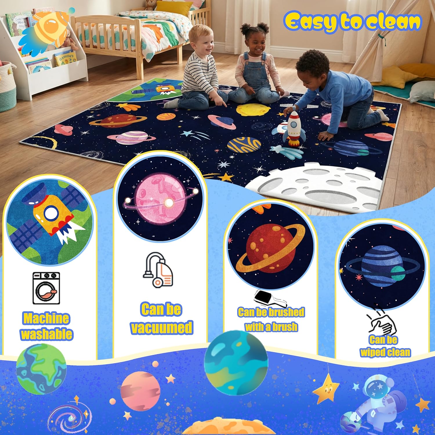 Space Kids Car Rug Playmat Carpet, 31''x47'' Playroom Planet Rug for Playing Cars Toys, Educational Area Rugs for Bedroom Classroom Toddlers.