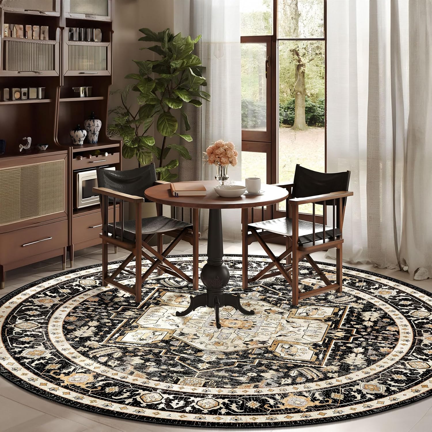 MUJOO Round Rugs 9ft,Black Circle Area Rug Washable,Boho Circular Rugs for Living Room Bedroom,Large Non Slip Throw Carpet Vintage Soft Black and Gold Floral