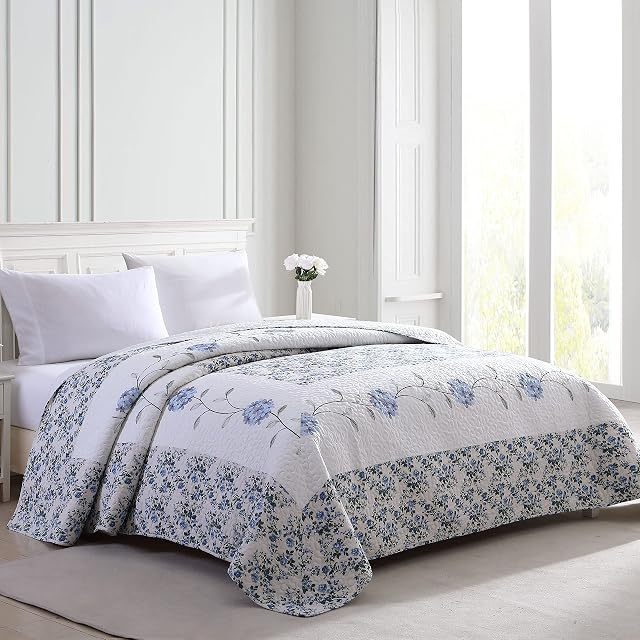Beatrice Home Fashions Carnation Floral Embroidered Quilted Bedspread, Lightweight, All-Seasons, Twin, Blue