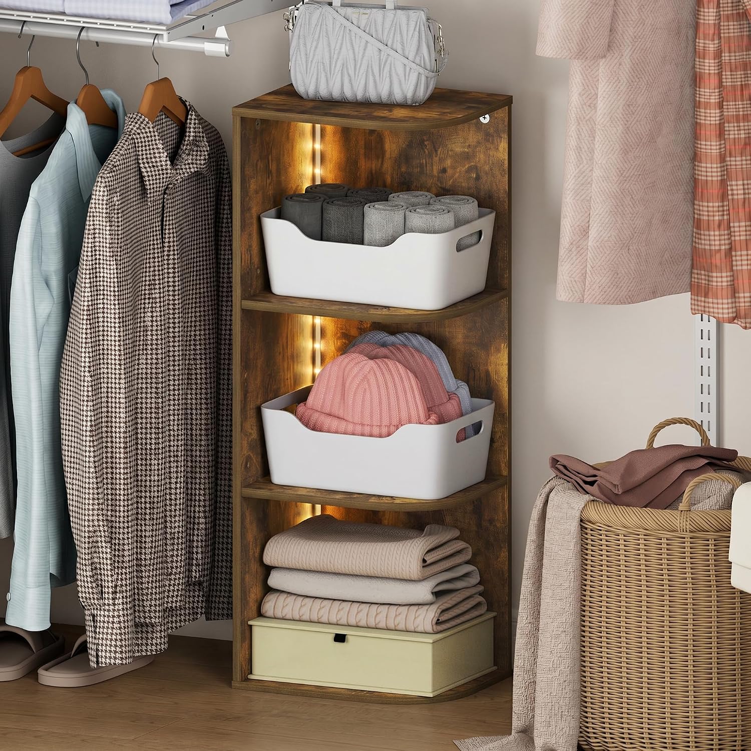 Furinno LUDER 3-Cube Closet Organizer with LED, Closet Storage, Amber Pine