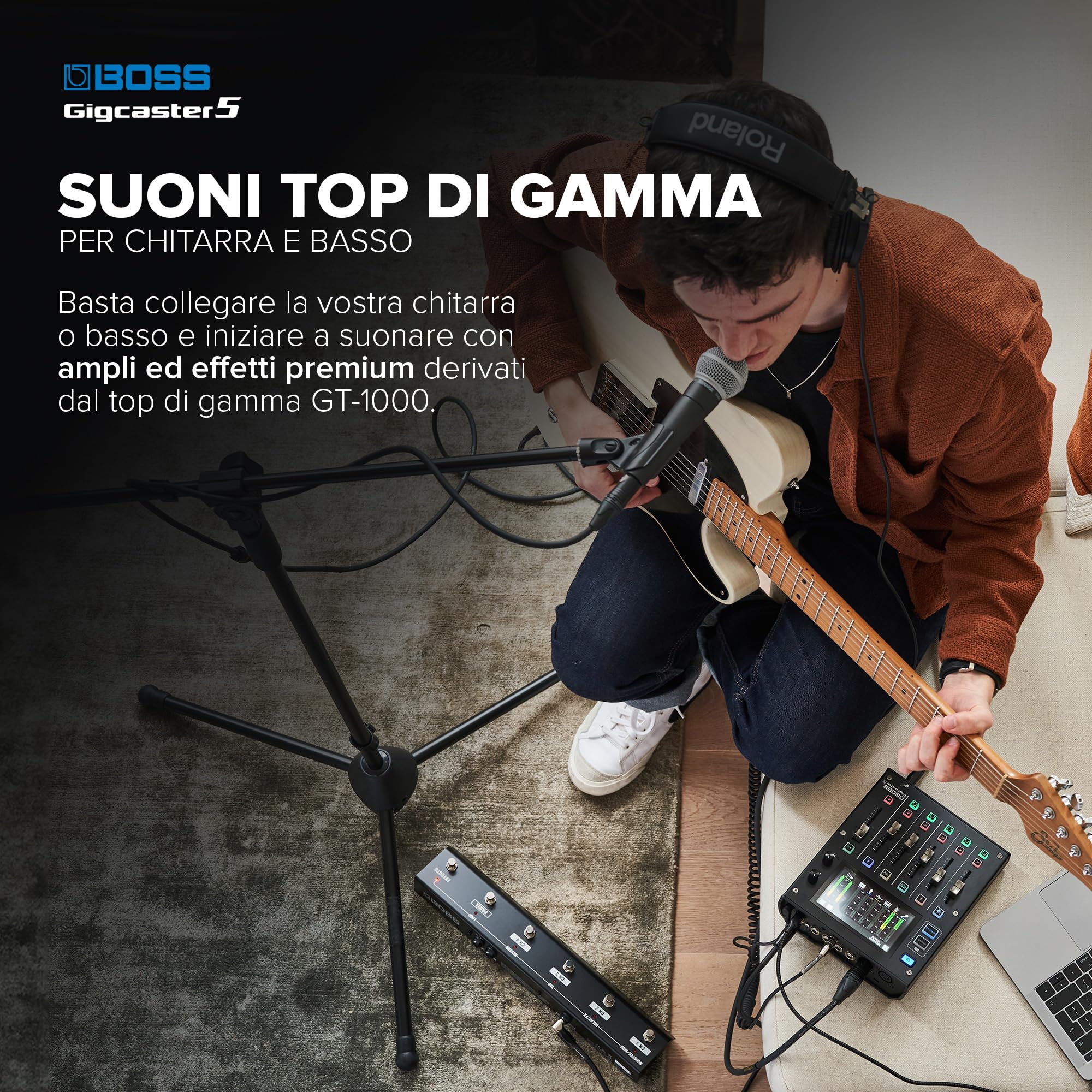 BOSS Gigcaster 5 Audio Streaming Mixer Compatto a 5 Canali con Ingresso Diretto per Chitarra/Basso | 2 Ingressi Microfonici XLR | Ingresso Stereo di Linea | 8 Pad per gli Effetti Sonori su Touchscreen