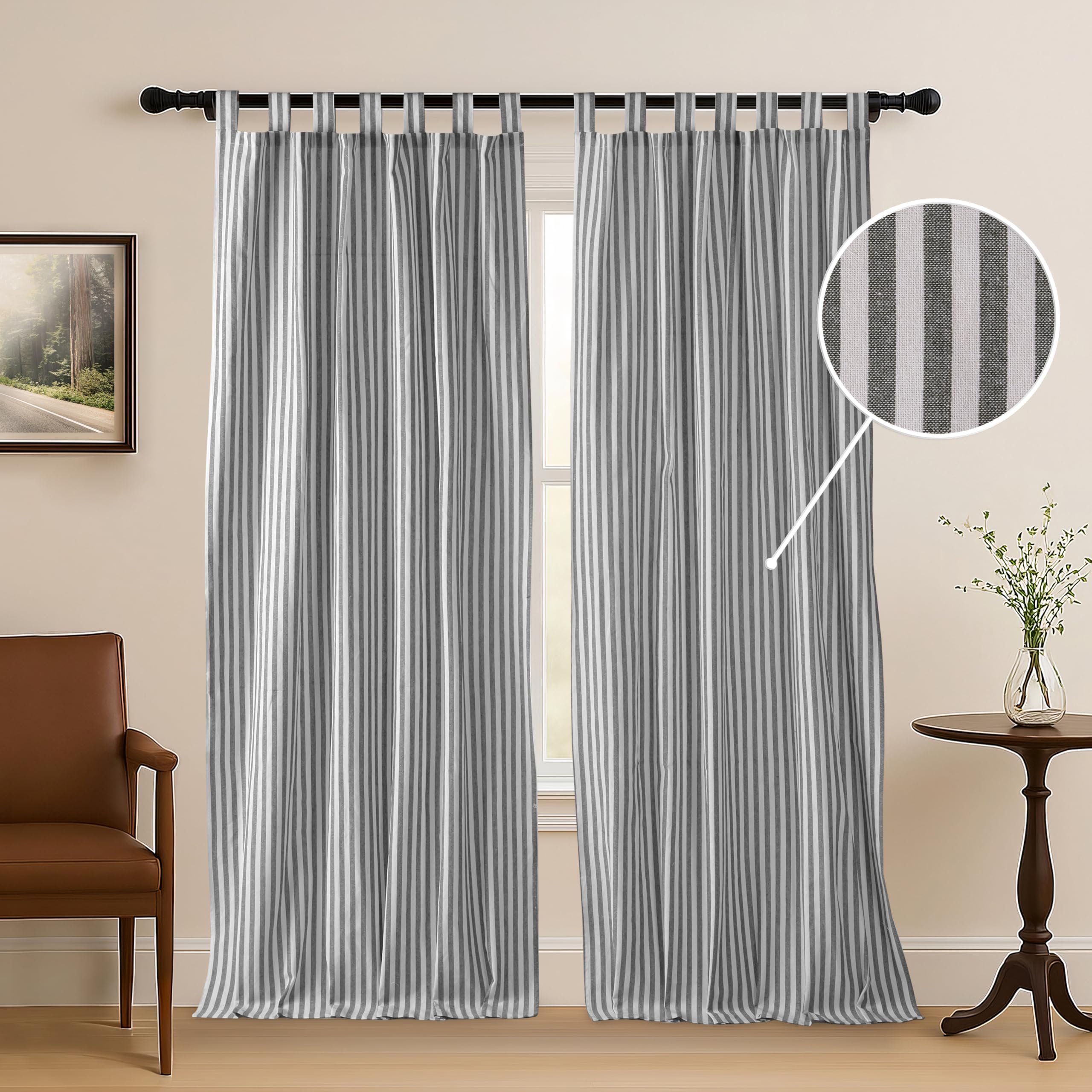 THE ART BOX Lot de 2 rideaux en gaze à rayures avec pattes sur le dessus – Filtrage de la lumière – Pour salon, chambre à coucher, gris sur blanc (243 x 106 cm (l x L) par panneau)