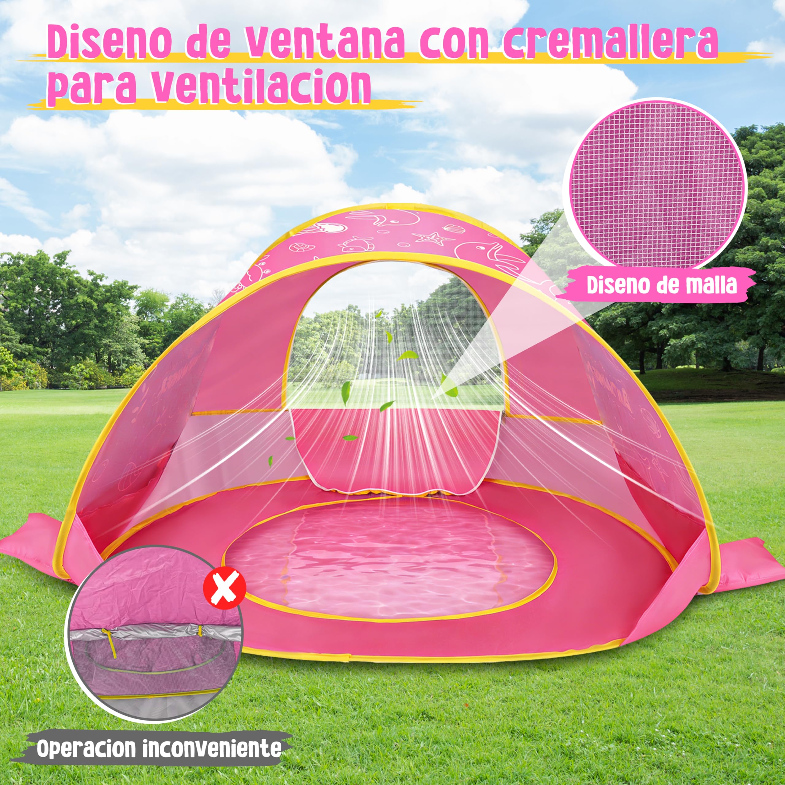 JONRRYIN Tienda Playa Bebé Pop Up, Tienda Refugio Infantil con Mini Piscina, Plegable Portátil Protección UV para Playa, Pícnic y Jardín (Rosa)