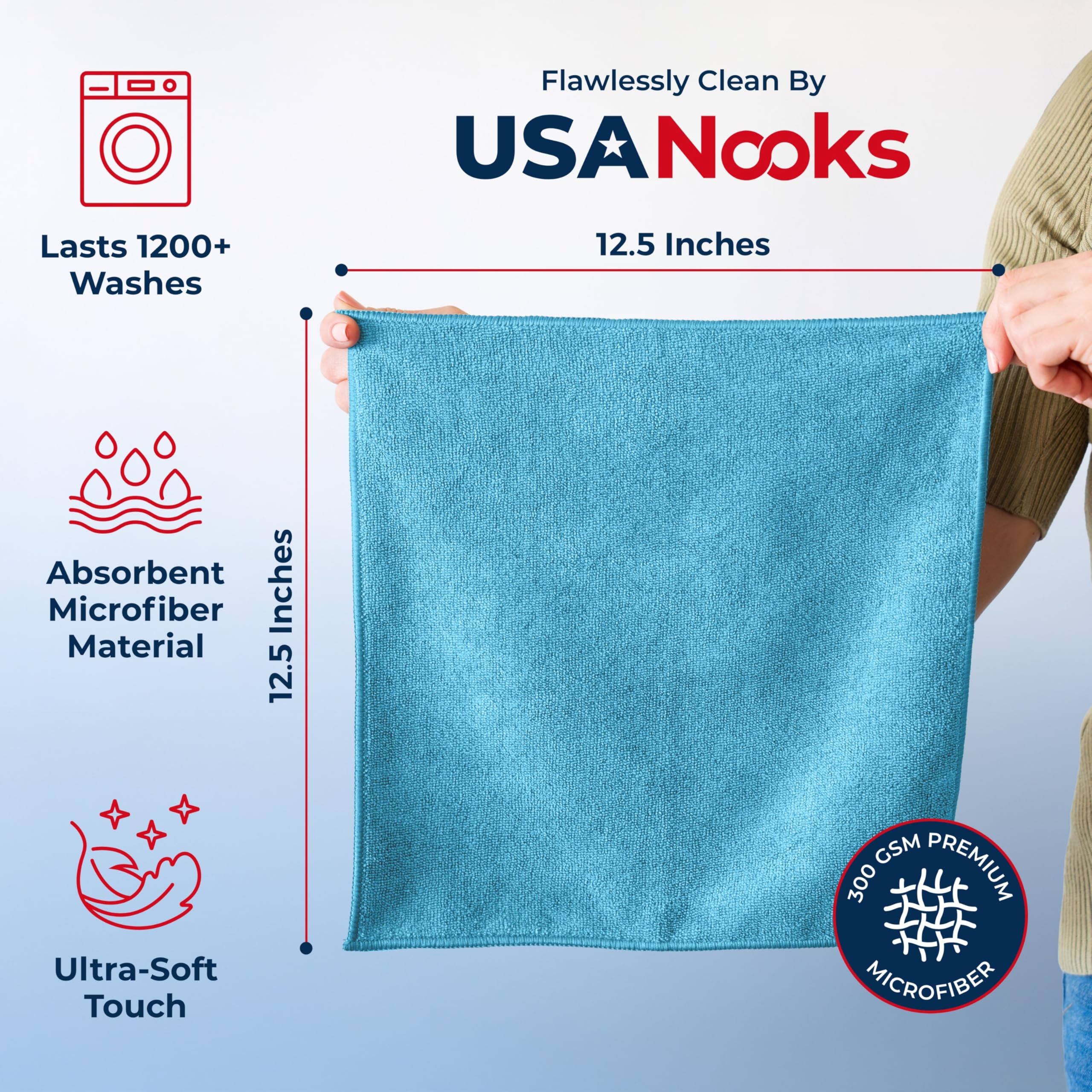 USANOOKS Paño de Limpieza de Microfibra, Turq, 12 Unidades (12.5 x 12.5 Pulgadas), de Alto Rendimiento, 1200 Lavados, Toalla de Coche Ultra Absorbente Que atrapa la Suciedad y los líquidos para un