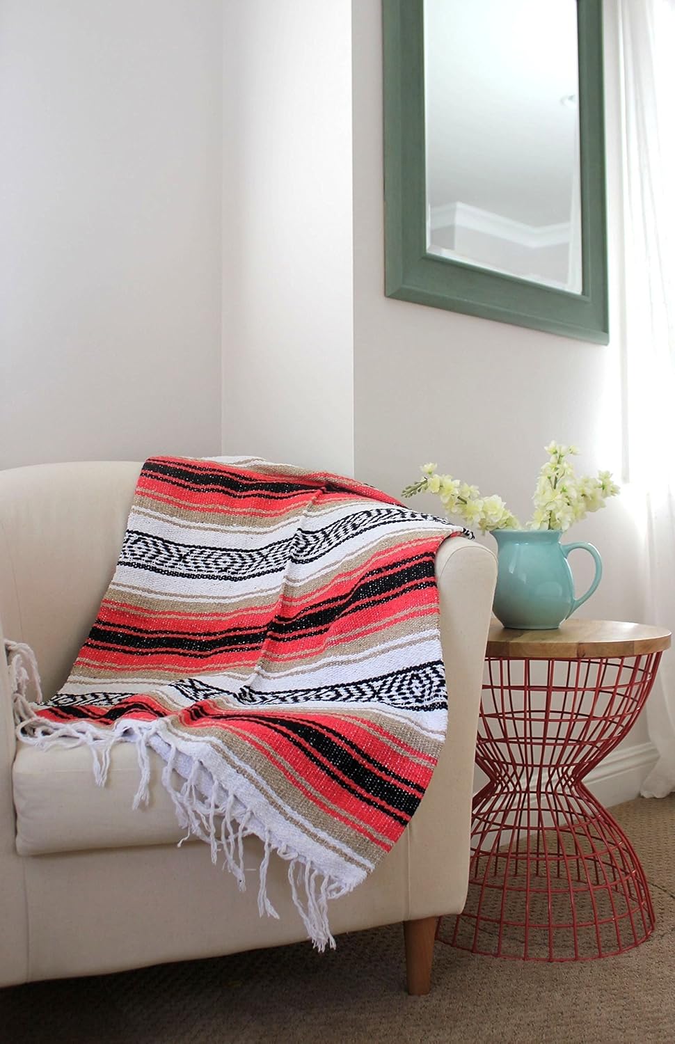 Del Mex Classic Mexican Blanket, Large Authentic Woven Falsa Throw (70"x50"), Artisan Southwest Décor for Beach, Yoga, Outdoors (Pink/Tan) - Image 2