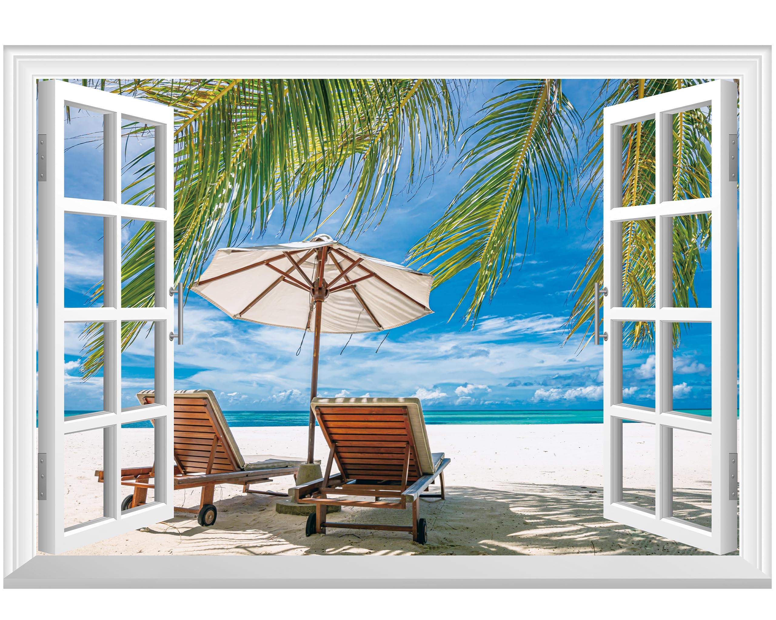 FLFK Fake Window Wall Decal – Ocean Beach Faux Window Mural, 24"x16" Peel & Stick Wall Sticker