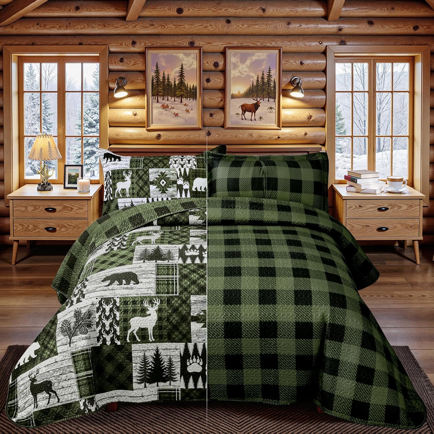 3 Piece Cabin King Size Quilt Sets Farmhouse Rustic Reversible Microfiber Soft Lightweight Bedspread Comforter with 2 Shams Patchwork Country Lodge Bedding Quilts Set for All Season, 106''x96'', Green