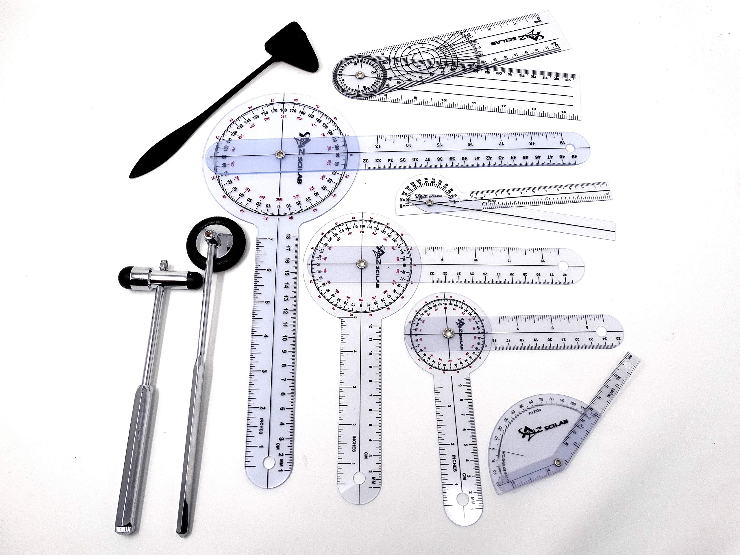 Set of 9 Piece Goniometer Physical Therapy Complete Set W/Bonus Reflex Hammer Including 12,8,6 Inches Goni's with Reflex Hammers, Occupational Therapy Tools. Ideal for Clinical or Home Rehab