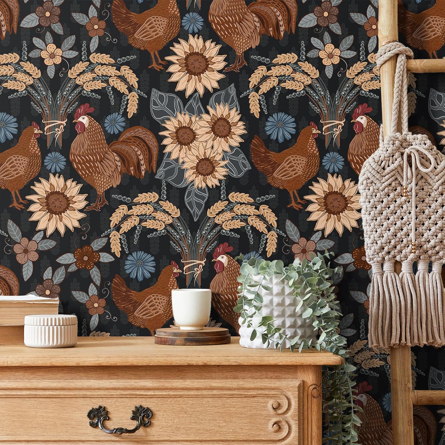 VEELIKE Cottage Farm Rooster Sunflower Wallpaper Peel and Stick Retro Farmhouse Wallpaper for Kitchen Coop 17.7''x354'' Waterproof Removable Chicken Wall Paper Self Adhesive for Bedroom Living Room