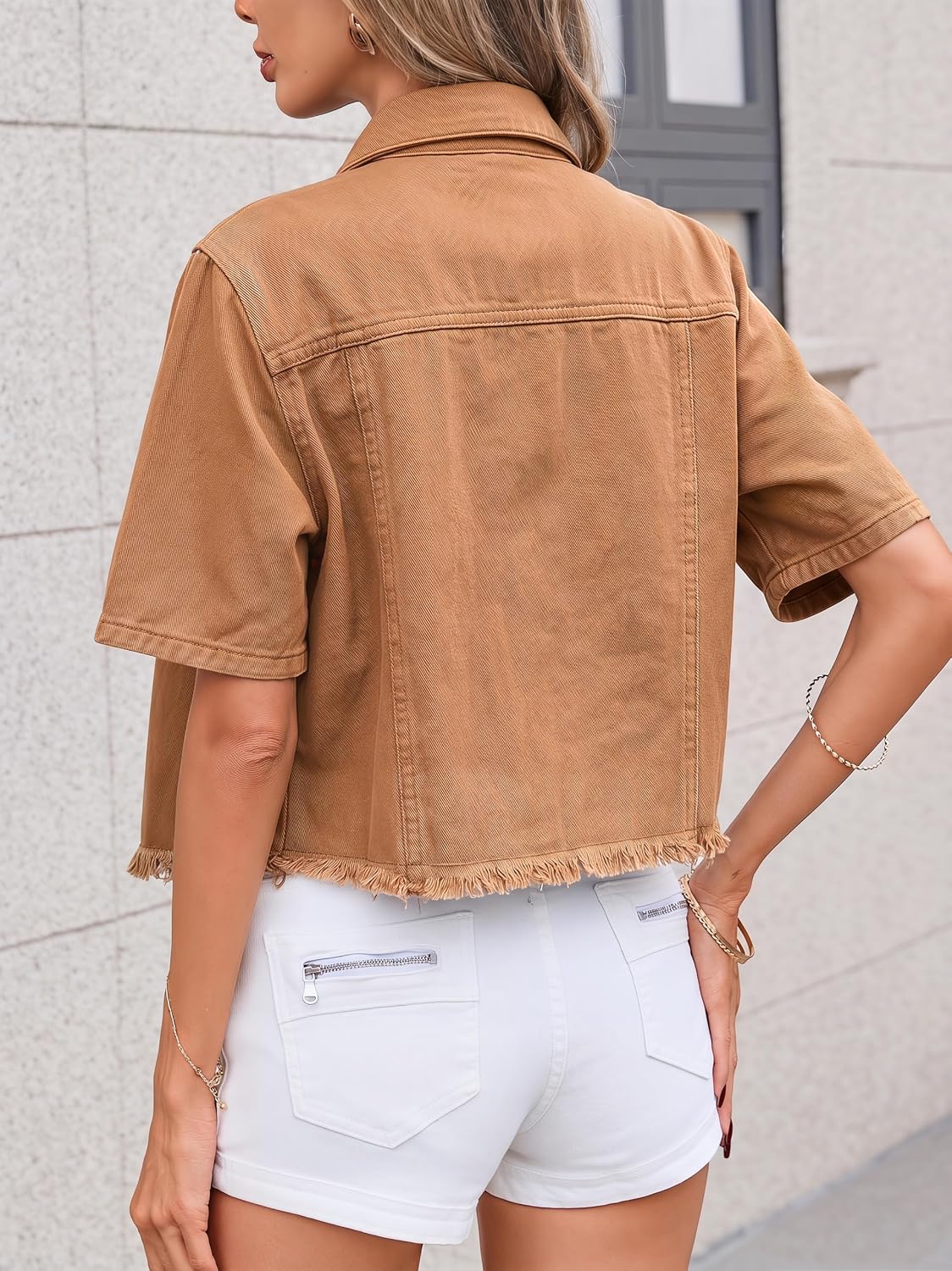 LifeShe Short Sleeve Denim Jacket for Women Summer Frayed Hem Jean Cropped Jacket Casual Crop Cardigan