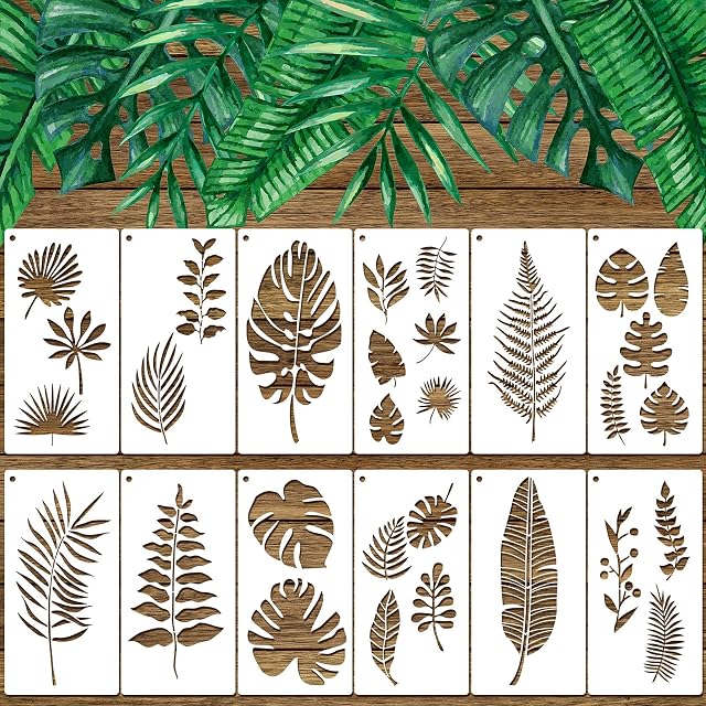 12 Pieces Tropical Leaf Stencils, Fern Leaf Monstera Palm Leaf Turtle Leaf Wall Stencil Template Botanical Leaves Reusable Stencils Set for Furniture Canvas Wood Plank Crafts DIY (4 x 8 Inches)