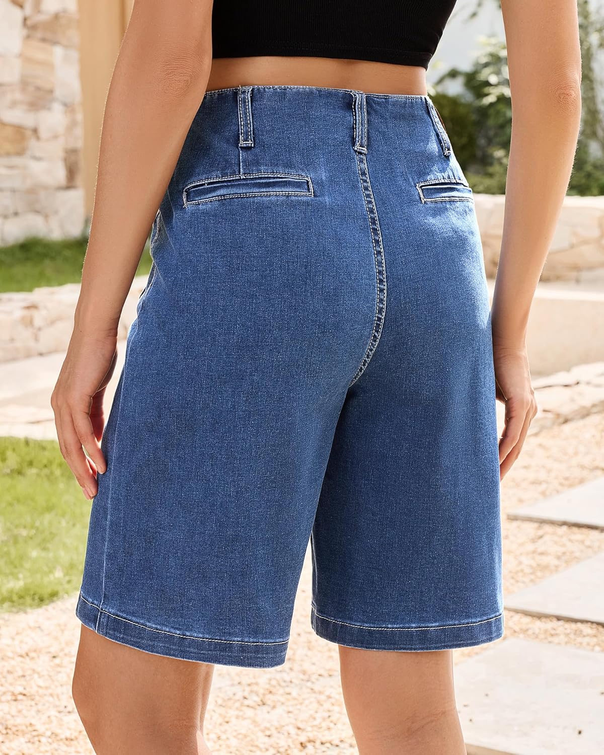 Vetinee Bermuda Shorts for Women High Waisted Button Fly Patch Pocket Long Stretch Denim Shorts Relaxed Fit Summer Jorts - Image 3