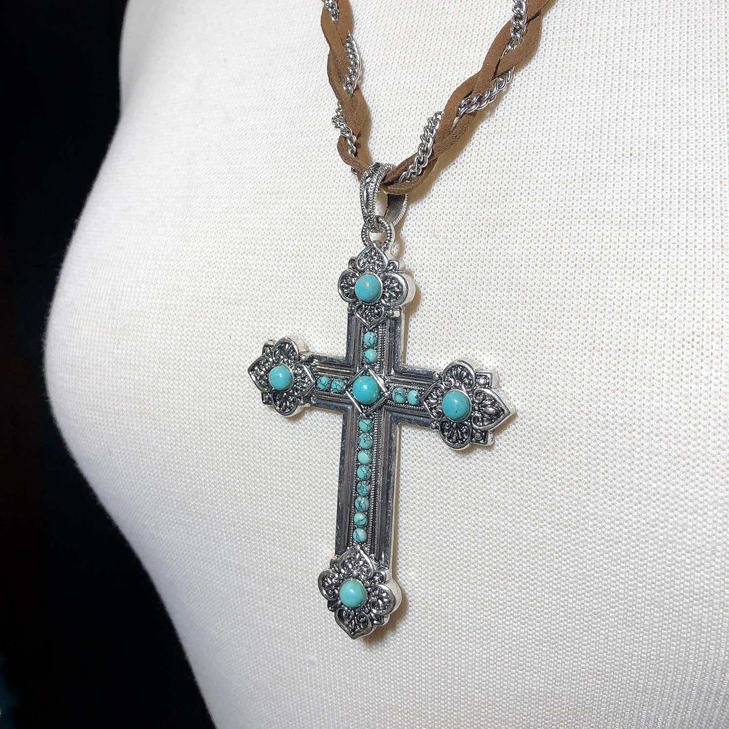 Gypsy Jewels Long Braided Faux Suede & Silver Tone Chain Unique Large Charm Pendant Simulated Turquoise Necklace & Dangle Earrings Set