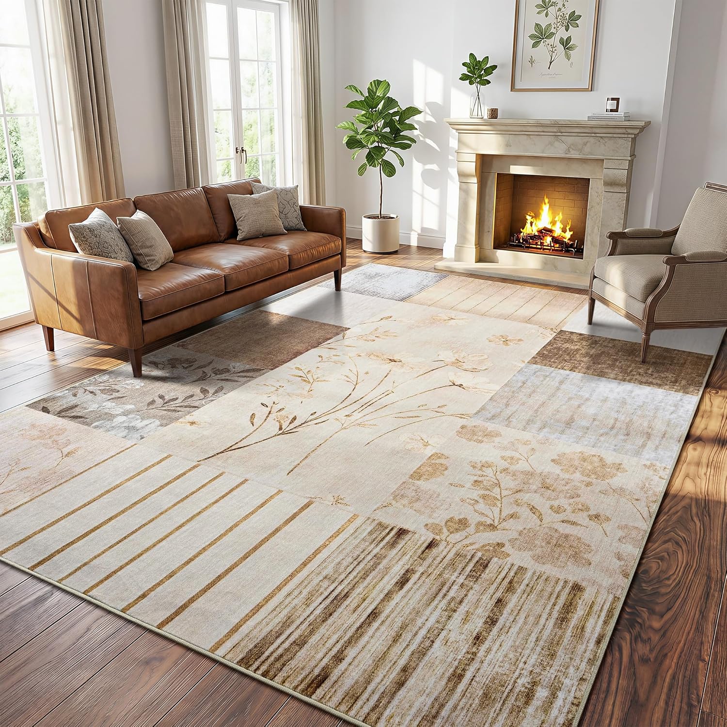 Modern Area Rugs for Living Room, 4x6 Feet Geometric Patchwork Rug, Washable Non-Slip Indoor Low Pile Carpets for Bedroom Dining Room Office Playroom Home Dorm Decor, Beige