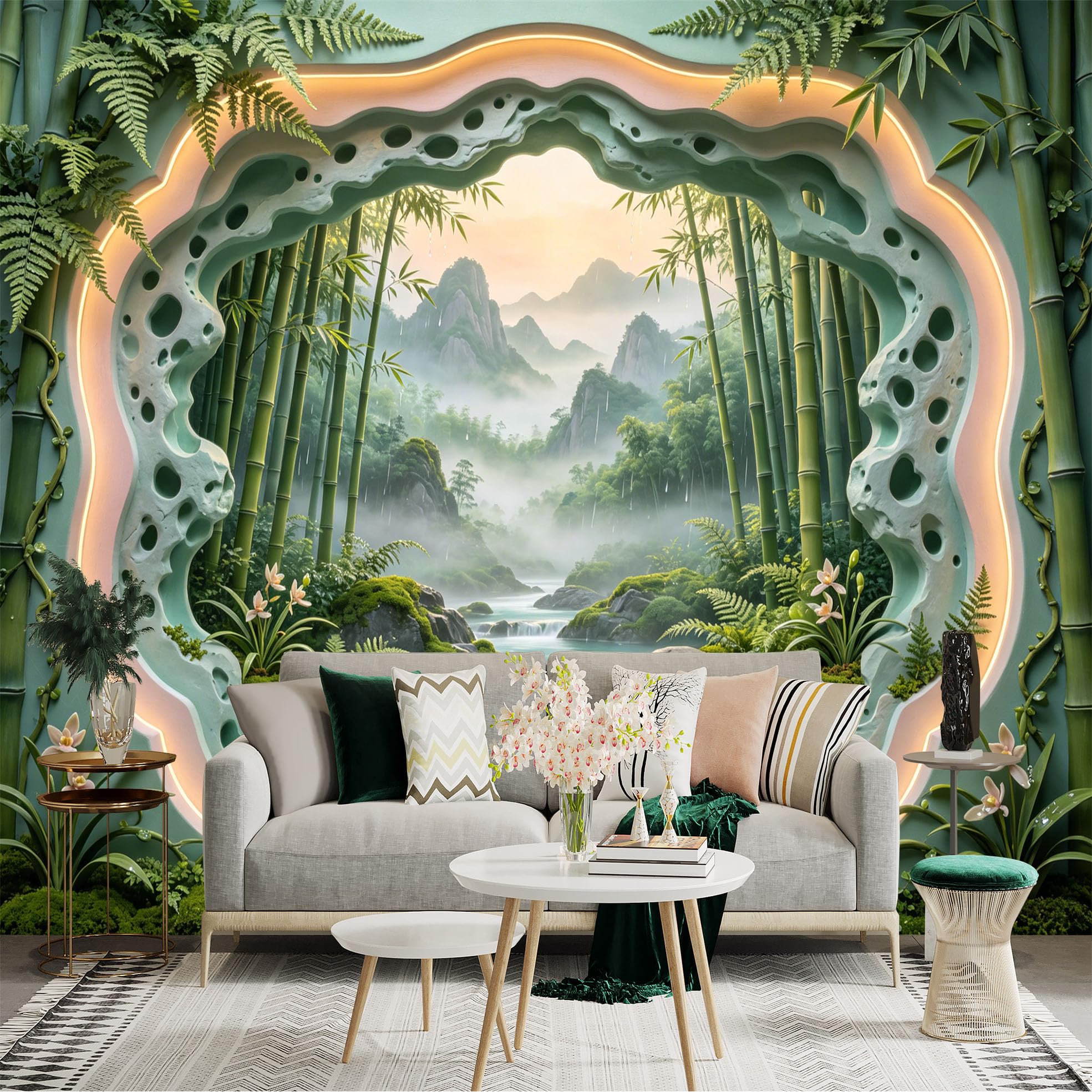 Custom Size Wall Sticker Mural， Bamboo Forest with Waterfall， Misty Mountains and Green Landscape， for wall Decoration， peelandstick wall Decals.