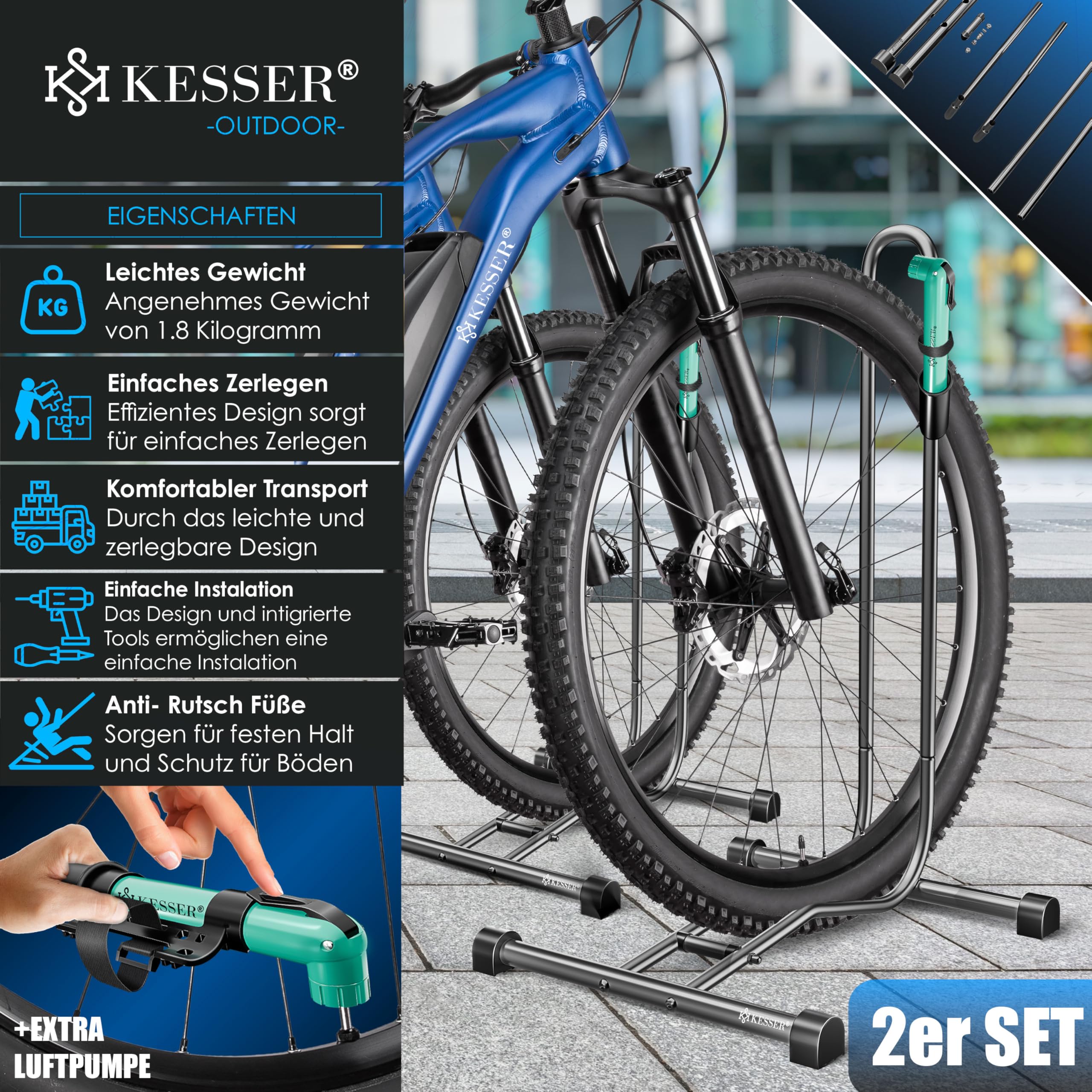 KESSER® Soporte de bicicleta para bicicleta de montaña, bicicleta eléctrica, bicicleta de ciudad, bicicleta de carretera, MTB, soporte de suelo para bicicleta independiente, ancho de neumático de