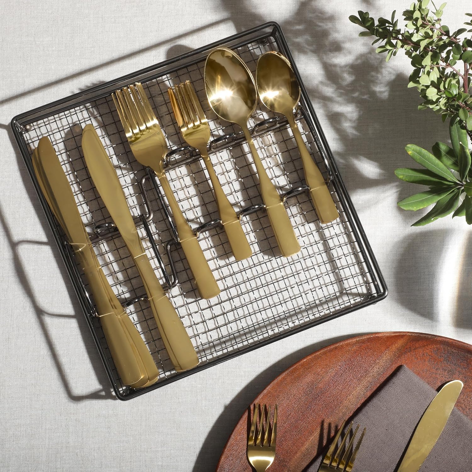 Gibson Home Abbeville Gold Flatware Stainless Steel Utensil Silverware Set With Caddy, Forks, Spoons, Knives - Service for 8