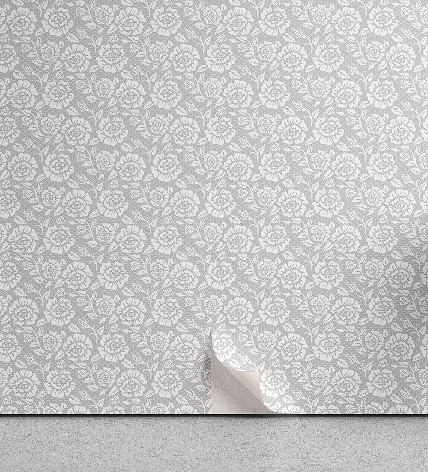 Lunarable Grey Peel & Stick Wallpaper for Home, Lace Style Vintage White Roses Graphic Old Fashioned Feminine Pattern, Self-Adhesive Living Room Kitchen Accent, 13 x 36, Pale Grey