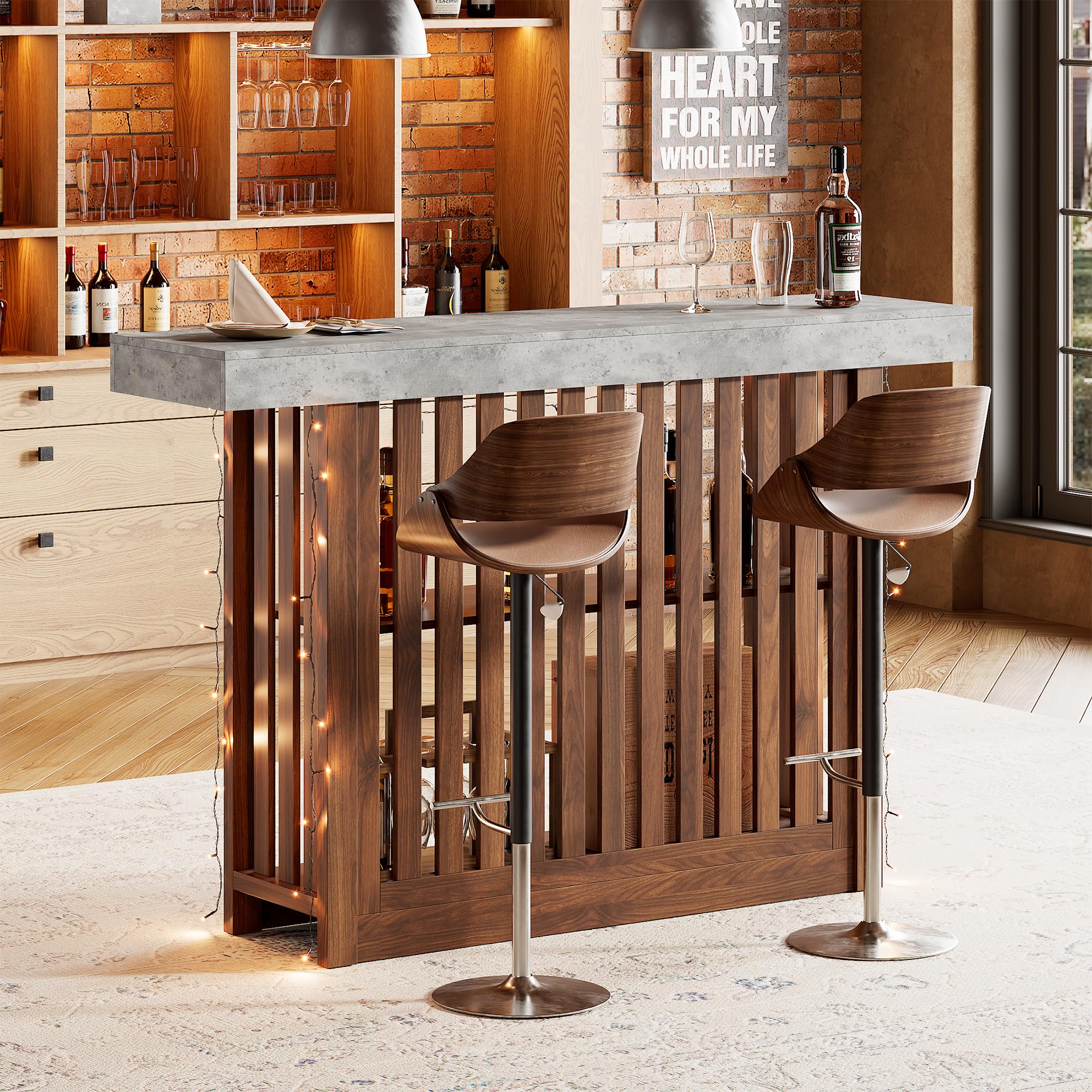 GarveeHome 63" Long Bar Table - Counter Bar Height Pub Table with 2 Tier Storage Shelves, Modern Coffee Breakfast Bar Unit for Dining Room, Bistro,
