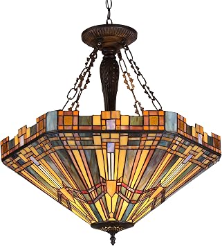 Chloe Lighting CH36432MS24-UH3 Tiffany Saxon, Tiffany-Style 3 Light Mission Inverted Ceiling Pendant Fixture 24" Shade, Multi