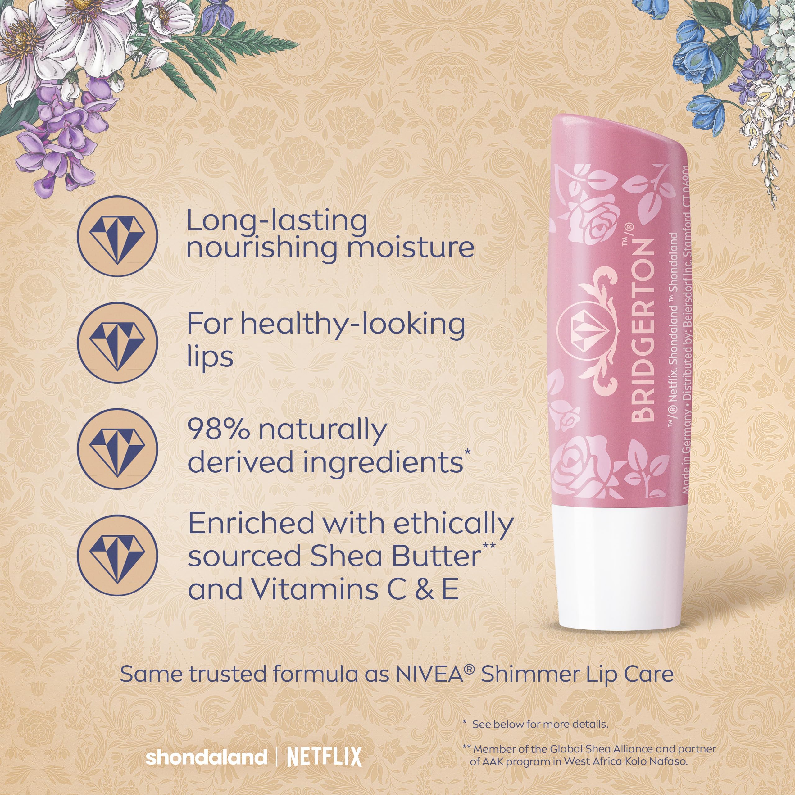 NIVEA Rose Meringue Lip Balm, Nourishing Lip Care, Bridgerton Limited Edition Moisturizing Lip Balm with Shea Butter, 3-in-1 Moisture, Repair and Nourish, 0.17 Oz Stick