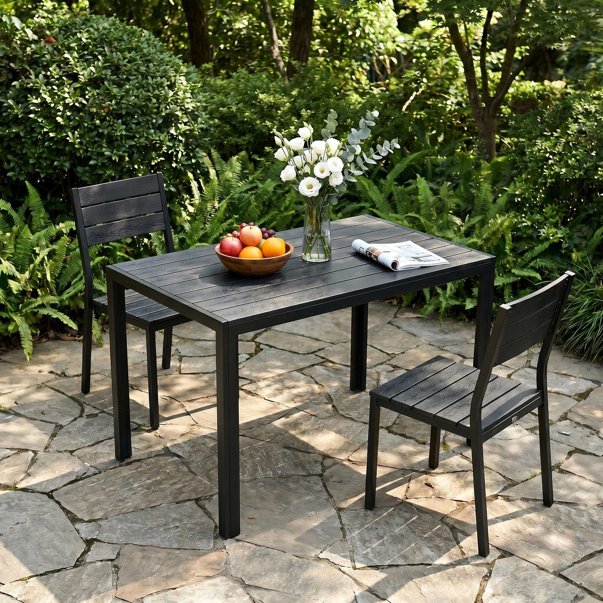 LIFERUN Tavolo da Giardino 110x70 cm, Tavolo da Terrazzo in WPC per 4-6 Persone, Tavolo da Balcone Resistente alle Intemperie con Telaio in Alluminio, Design Effetto Legno,Nero