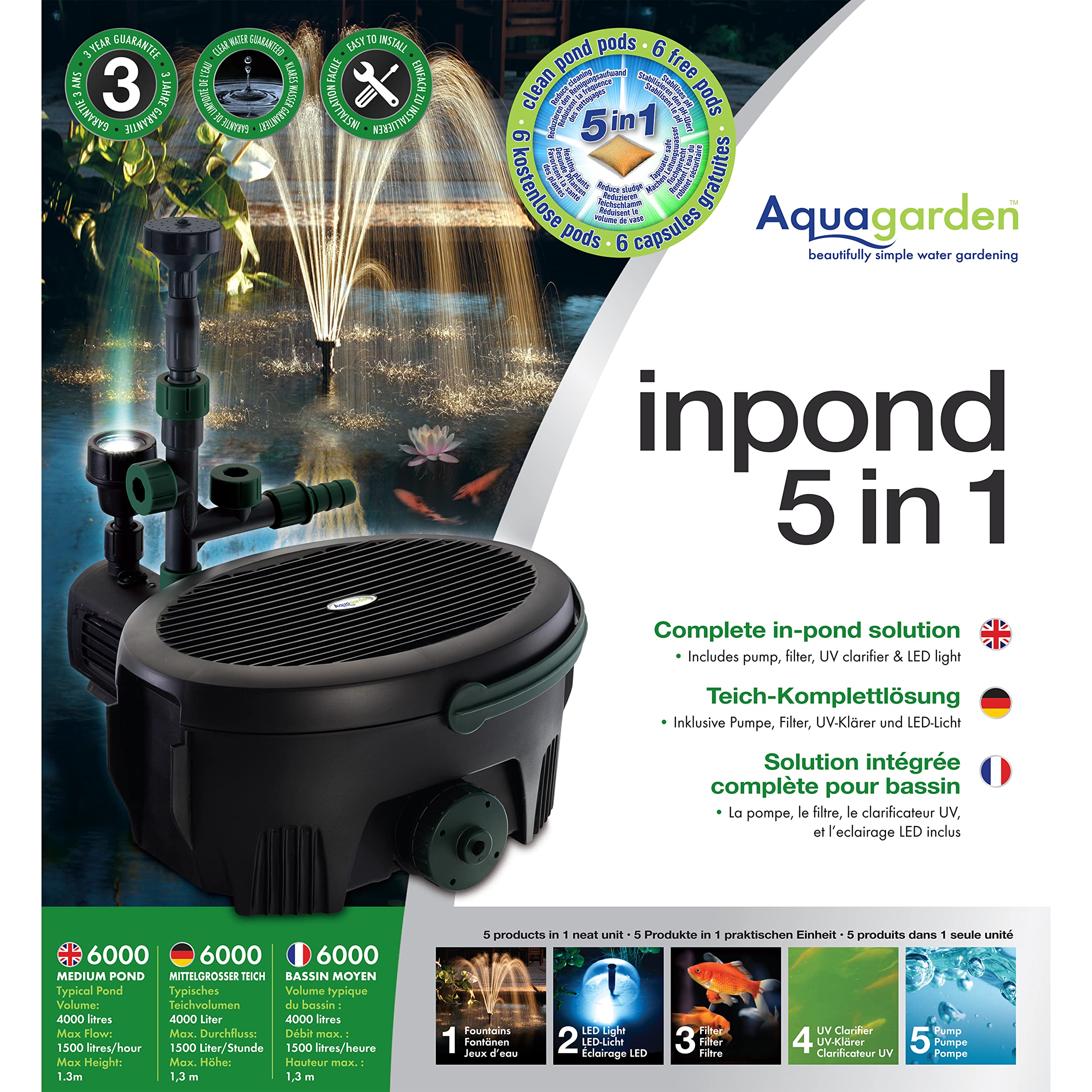 Aquagarden Inpond 6000, Bassin et pompe à eau, filtre, clarificateur UV, spot LED et fontaine, solution tout-en-un pour un beau bassin propre et limpide, pour des bassins jusqu’à 6000 litres
