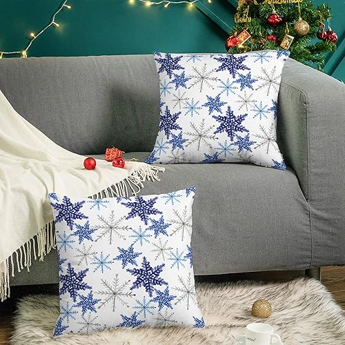 Miniatura 10 de CaliTime Juego de 2 fundas de almohada de forro polar con estampado de copos de nieve navideños para sofá de vacaciones, decoración del hogar, 18 x