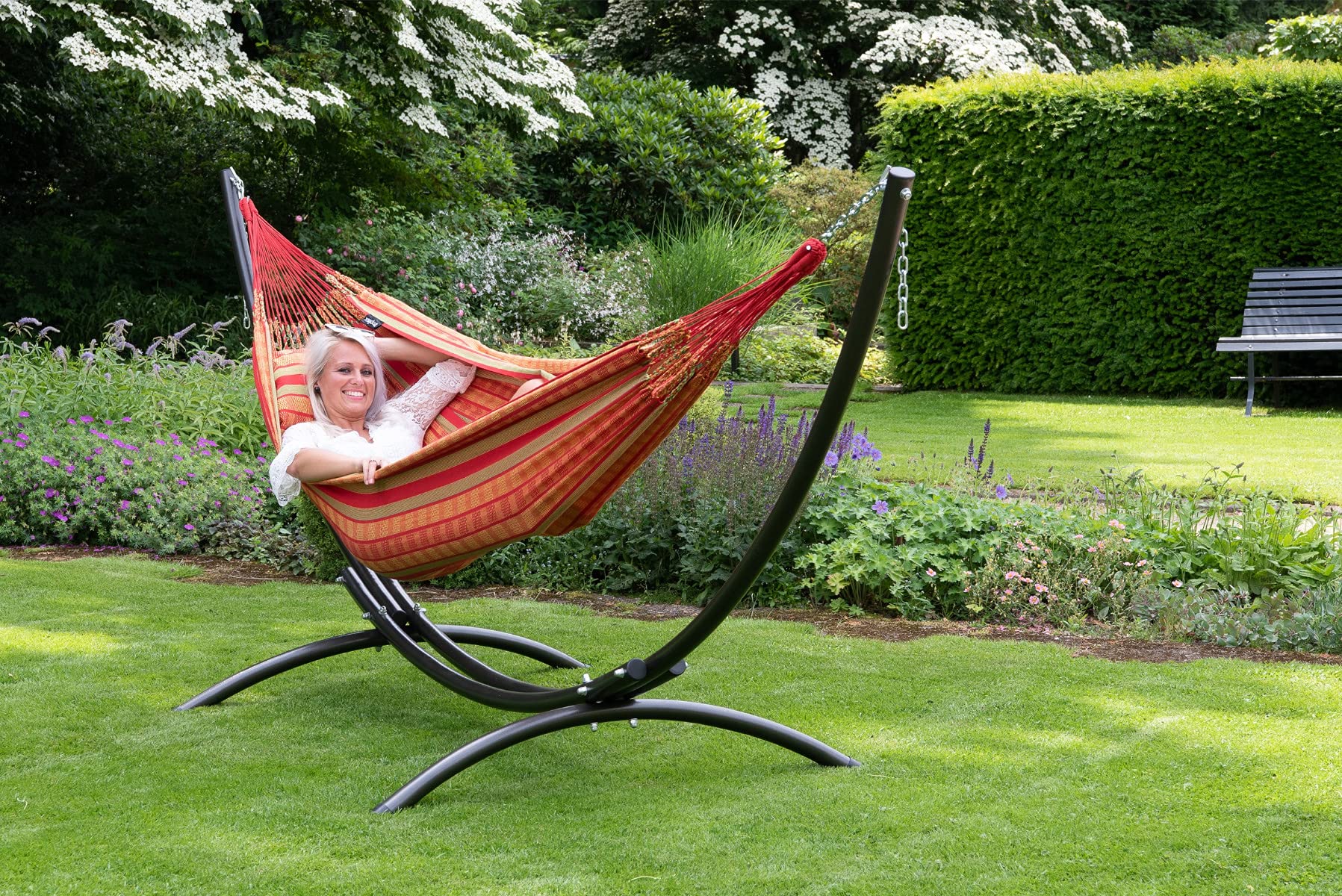 Tropilex Hamaca Doble Colgante Acolchada | Hecho a Mano | Hamaca Jardín Viaje Camping | Capacidad 180 kg | Amaca Chill Algodón Rojo