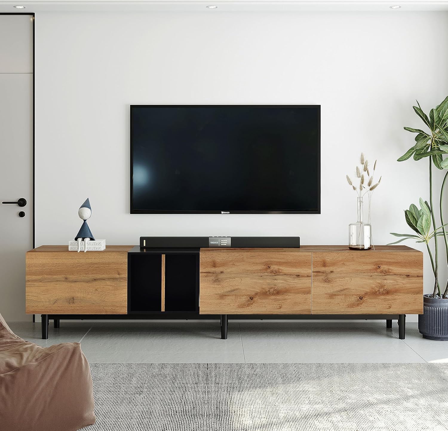 TV Stand for 80 Inch TV, Entertainment Center with Storage Cabinet, 3 Doors, TV Consoles for Living Room, Bedroom, Home Theatre, Natural