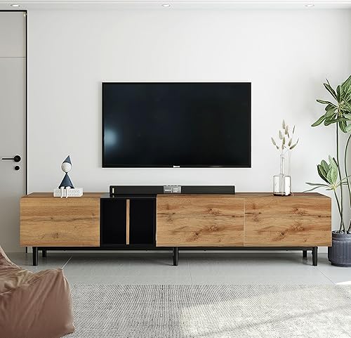 Livavege Casa de campo, centro de entretenimiento con 2 puertas de vidrio templado de 65 pulgadas, consola con partición móvil y estante de