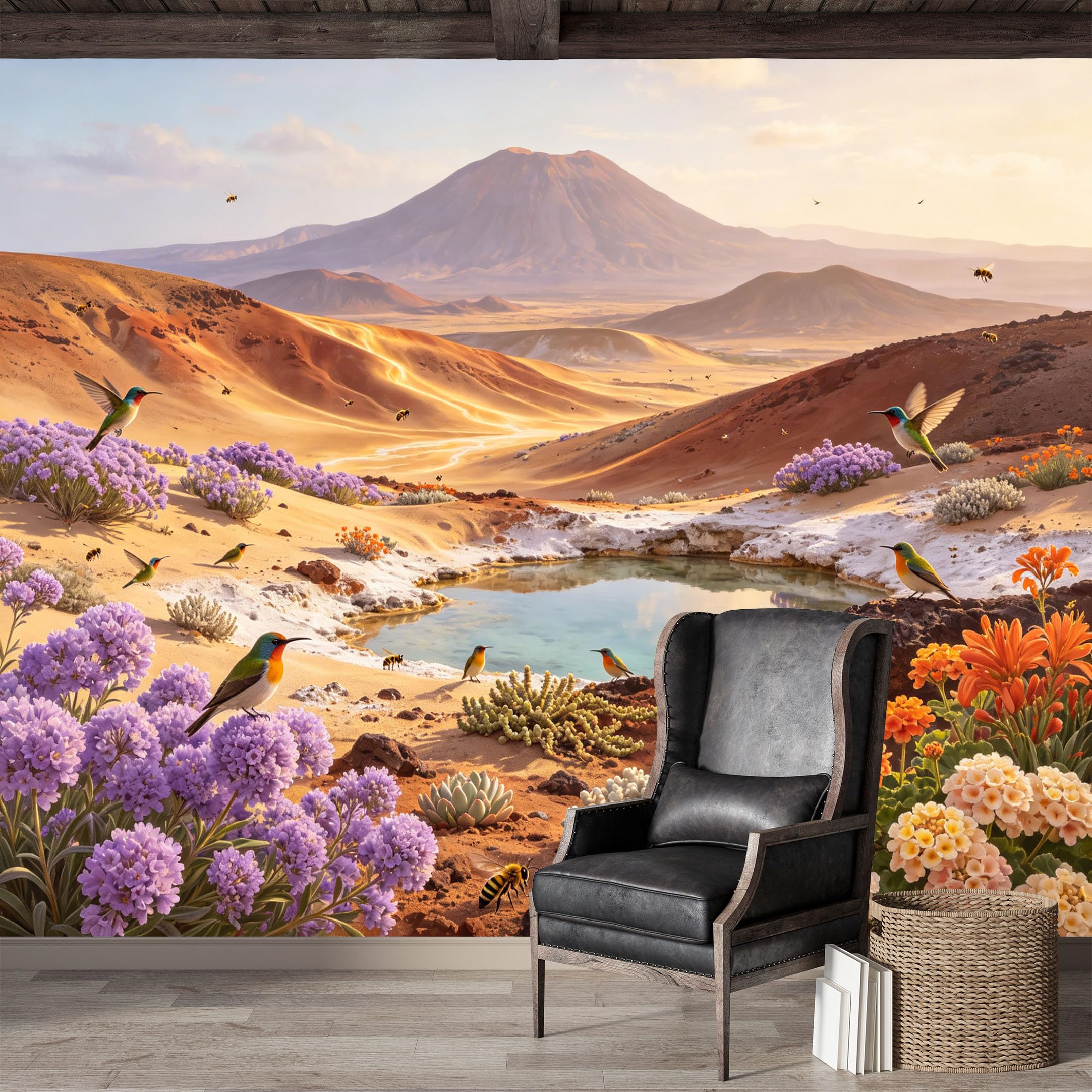 Custom Size Wall Mural,Desert Oasis Hummingbirds Landscape Watercolor Premium Water Activated SelfAdhesive Wallpaper,Removable Wall Covering,Easy DIY Install Wall Art for Indoor Home Decor