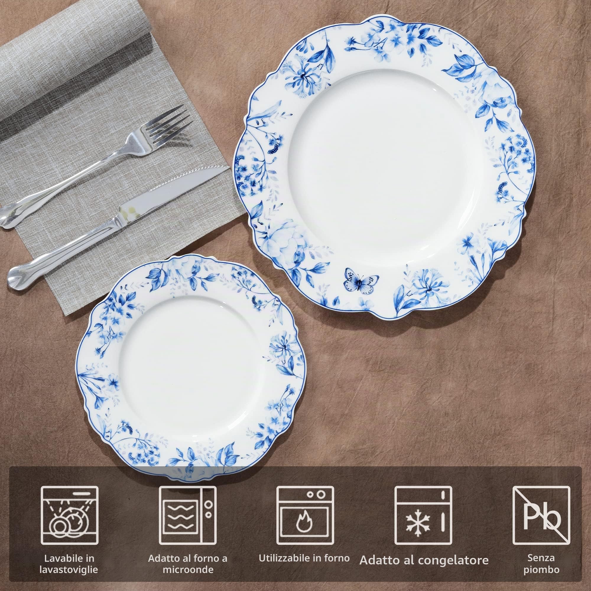 fanquare Set di 4 piatti da dessert in porcellana con motivo floreale blu, 20 cm, piatti da insalata smerlati per antipasti, piatti da forno a microonde