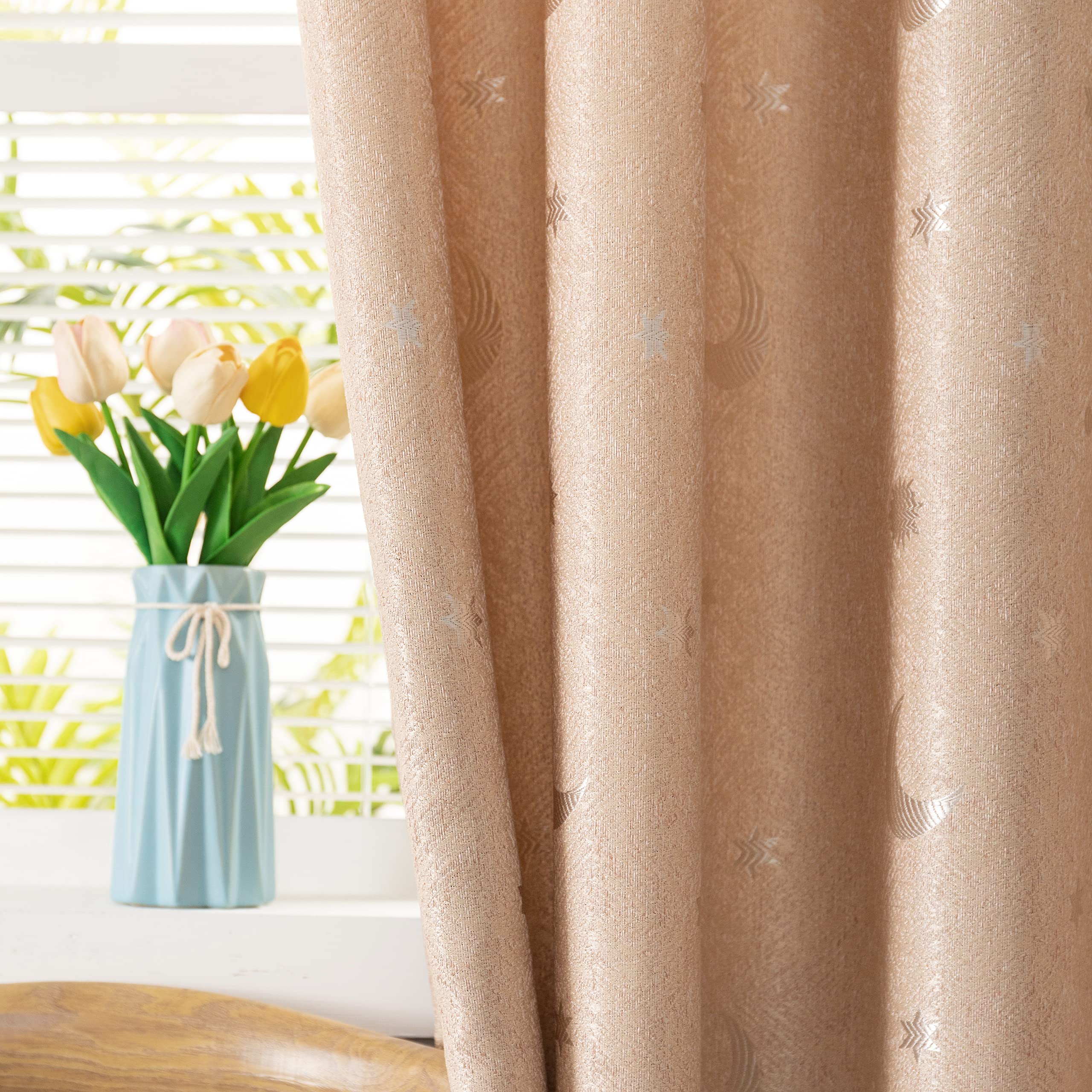 GIRASOLE HOME® Paire de rideaux Jacquard semi-occultants fantaisie Lune et étoiles rideau souple Thermique Isolant pour Chambre Chambre et Intérieur 2 panneaux avec œillets (beige étoiles, 140x275 cm)