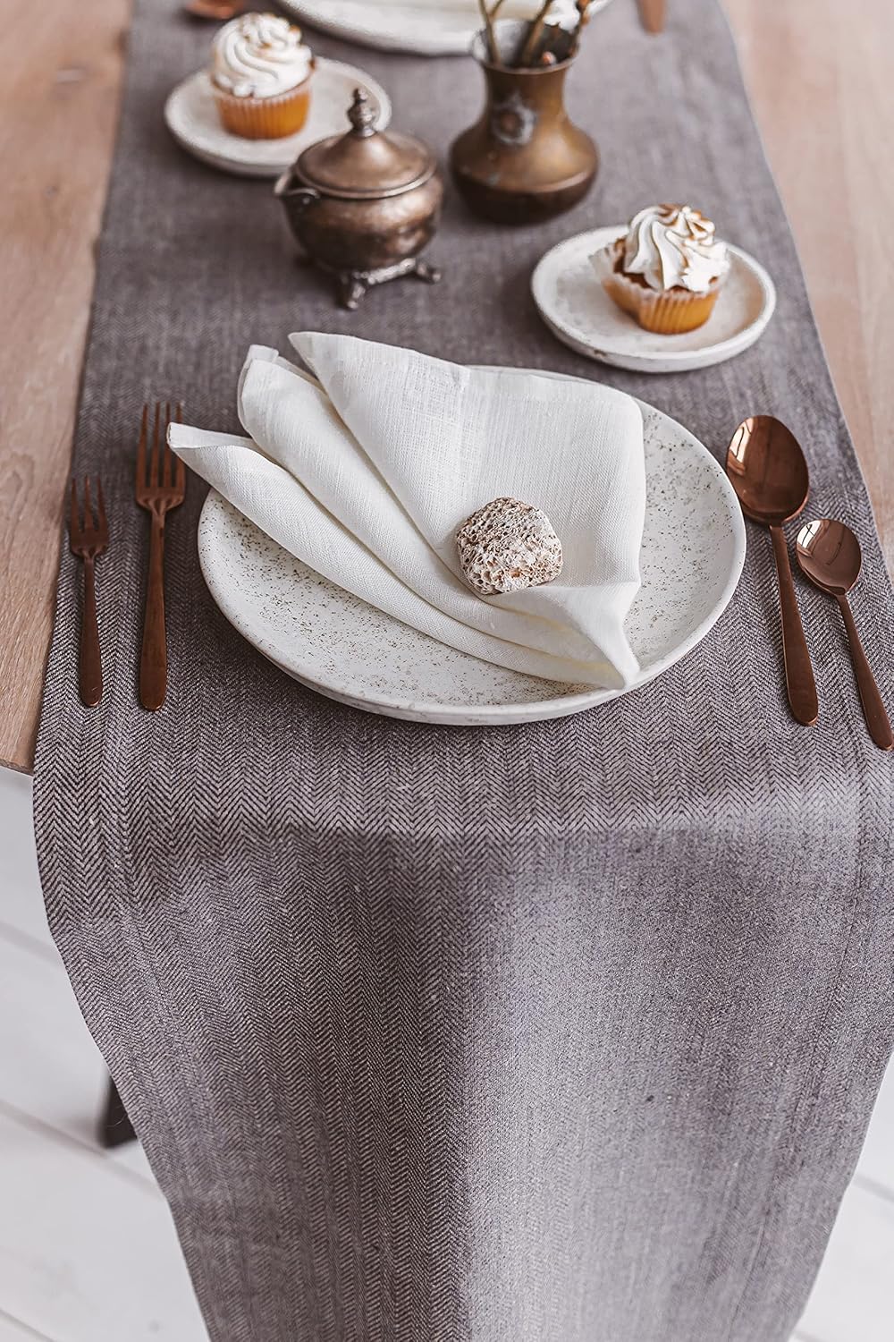 Pure 100% Linen Table Runner - 13x120-inch Grey-Natural Herringbone Table Runner - Christmas Table Runners