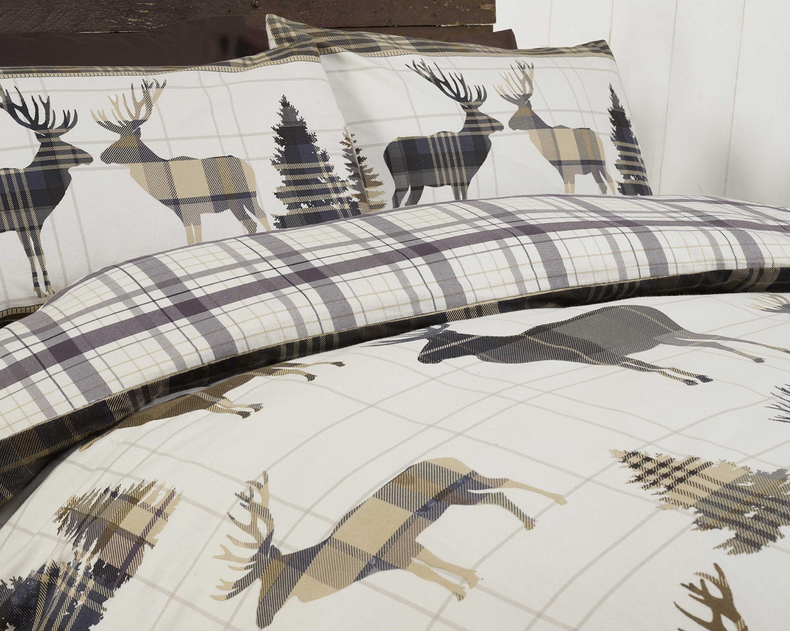 elinens Woodland Stag Duvet Cover Set Tartan Check Natural Double 200cm x 200cm