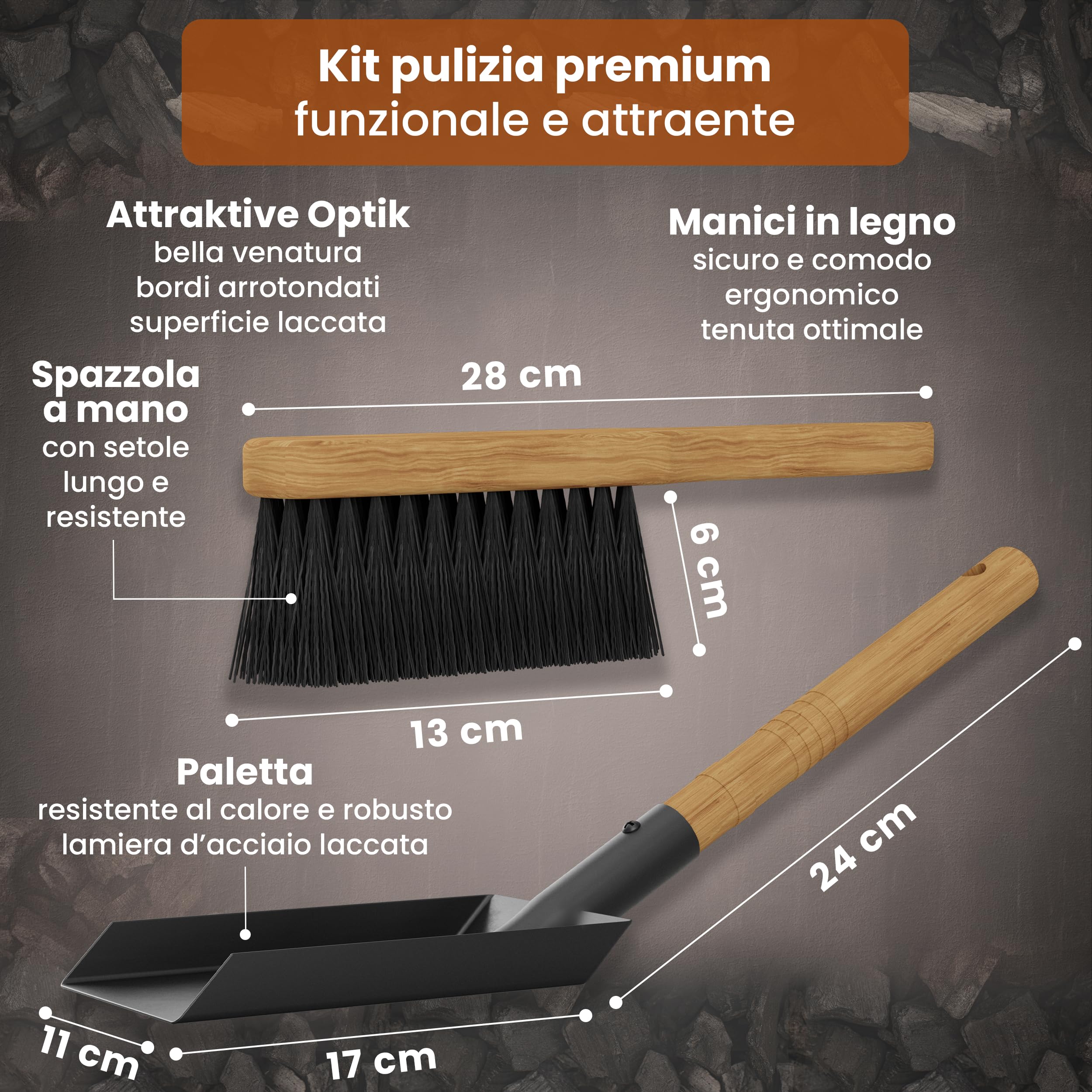 BLACK OAK Etna - Secchio per cenere, 14 l, set di paletta e scopa, colore nero, rotondo, con coperchio, grande, 14 litri, in acciaio zincato a prova di fuoco, verniciato a polvere, per cenere e