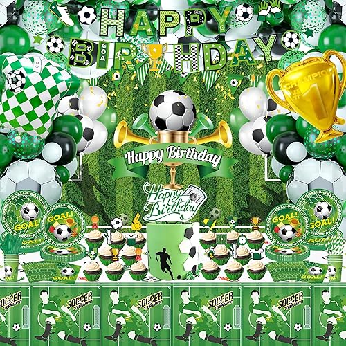 Miniatura 1 de 204 piezas de suministros de fiesta de fútbol, decoraciones de fiesta de cumpleaños de fútbol, incluyendo vajilla, pancarta, telón de fondo, globos,